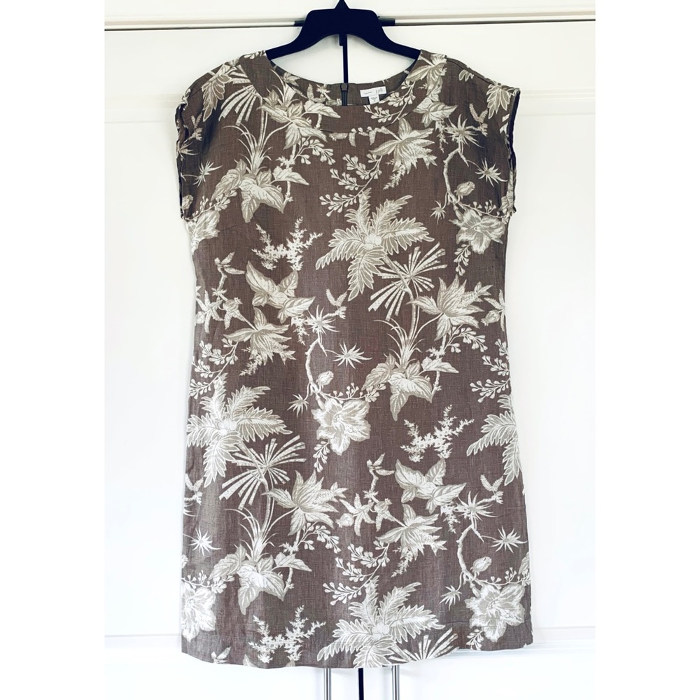 J. Jill Linen Shift Dress Tan Tropical Print Short Sleeved Casual Summer Size M
